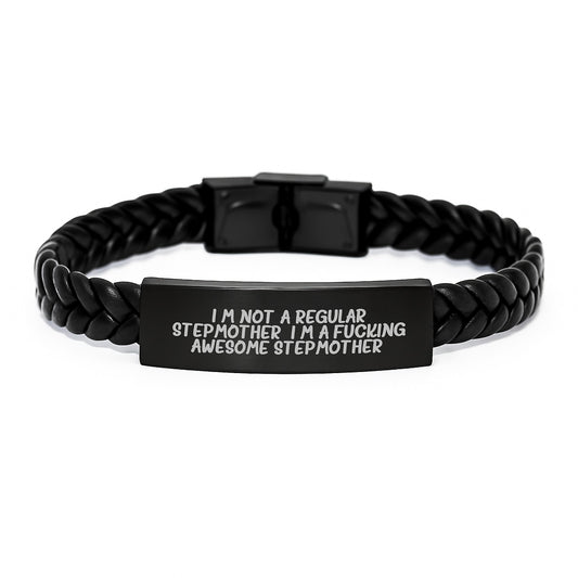 Funny Stepmother Gifts for Birthday - I'm Not A Regular Stepmother, I'm A F--king Awesome Stepmother Interlaced Leather Bracelet for Women, Husband, Sweetheart, Men, Family, Friends - Image 1