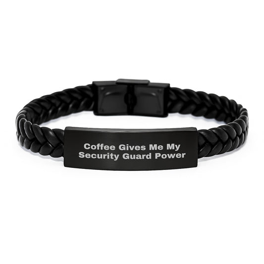 Funny Security Guard Gifts for Men - 'Coffee Gives Me My Security Guard Power' Interlaced Leather Bracelet for Security Guard Friends, Coworkers, Family - Perfect Graduation Unique Gifts for Men - Image 1