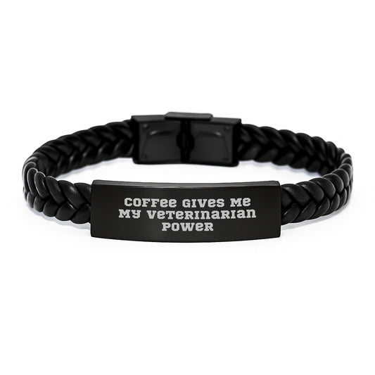 Funny Veterinarian Gifts for Men - 'Coffee Gives Me My Veterinarian Power' Interlaced Leather Bracelet for Doctors, Graduation Unique Gifts from Friends, Family - Image 1