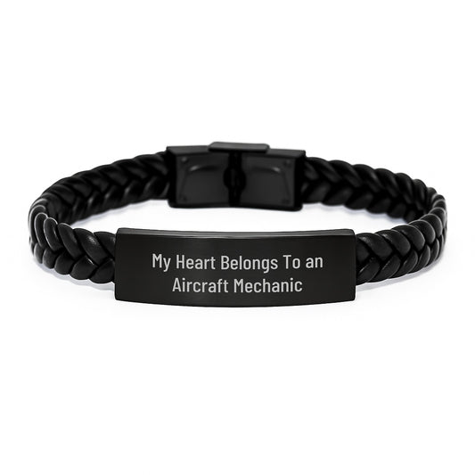 Aircraft Mechanic Inspired Interlaced Leather Bracelet for Him, Funny Quote 'My Heart Belongs To An Aircraft Mechanic' Gifts from Men to Aircraft Mechanic Friends on Valentine's - Image 1