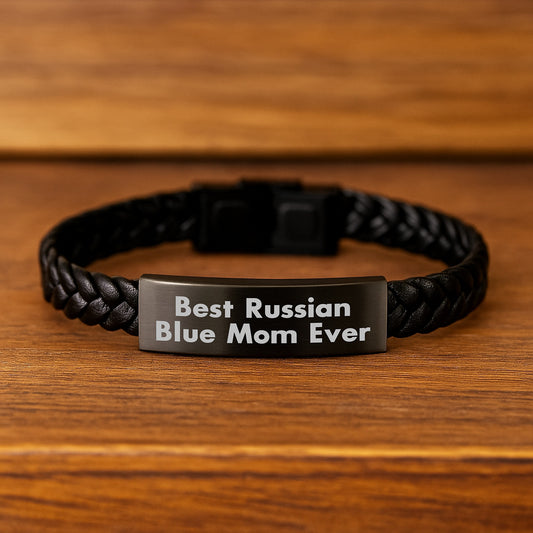 Russian Blue Cat Lover Gifts from Family, Unique Birthday Unique Gifts for Russian Blue Cat, Interlaced Leather Bracelet with Funny Quote 'Best Russian Blue Mom Ever' - Image 2