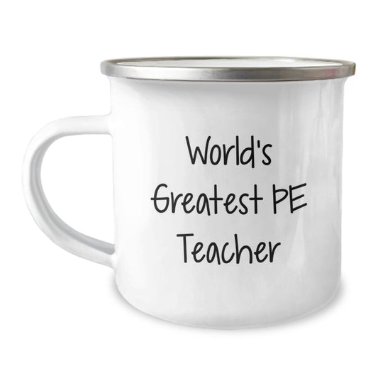 Funny PE Teacher Camping Mug, Gifts from Family for World's Greatest PE Teacher on Father's Day - Image 1