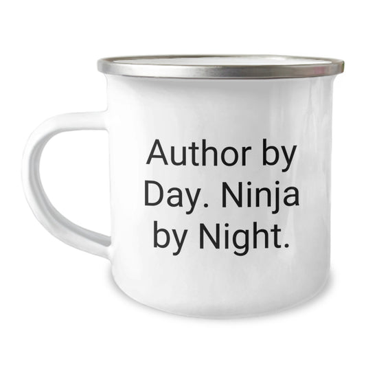 Author Gifts from Men for Author - Valentine's Unique Camping Mug, 'Author By Day. Ninja By Night.' Funny Quote, 12 oz Stainless Steel Enamel Finish - Image 1
