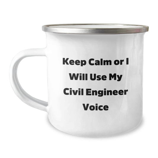 Civil Engineer Gift for Him - Keep Calm Voice Enamel Camping Mug - Image 1