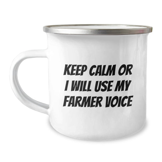 Funny Farmer Gifts from Friends for Birthday Unique Camping Mug with Keep Calm Or I Will Use My Farmer Voice - Image 1