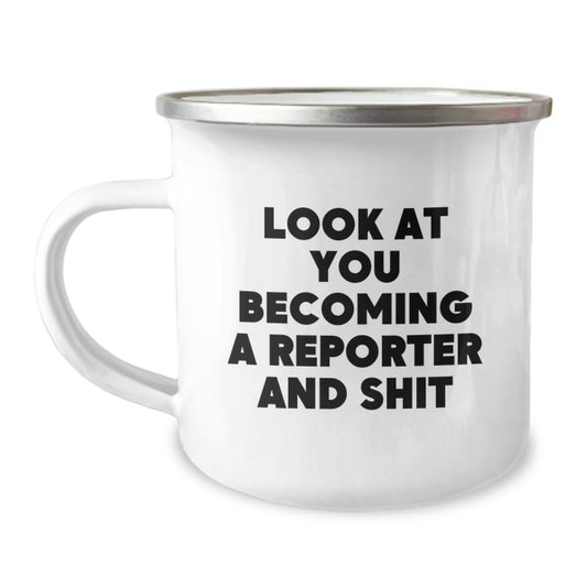 Sassy Reporter Camping Mug – Birthday Gift for Friends Novelty - Image 1