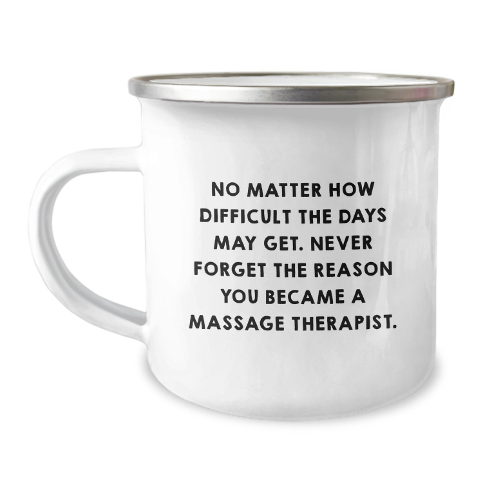 Funny Inspirational Massage Therapist Gifts from Family for Graduation - Camping Mug with Quote 'No Matter How Difficult The Days May Get. Never Forget The Reason You Became A Massage Therapist.' - Image 1