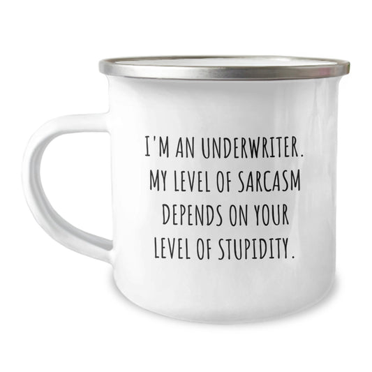 Funny Underwriter Graduation Gifts for Him, Underwriter Camping Mug, Sarcastic Quote 'I'm An Underwriter. My Level Of Sarcasm Depends On Your Level Of Stupidity.' from Friends, Unique Gifts for Men - Image 1