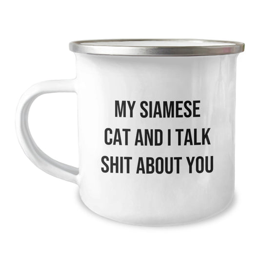 Witty Siamese Cat Camping Mug Novelty Fun for Friends Birthday Gift - Image 1