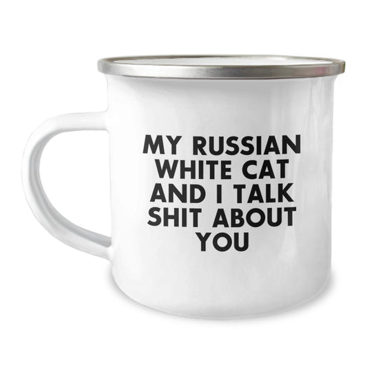 Russian White Cat Camping Mug Talk Keepsake Birthday Gift for Him - Image 1