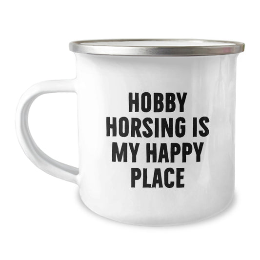 Hobby Horsing Enthusiast Gifts - Funny Quote 'Hobby Horsing Is My Happy Place' Stainless Steel Camping Mug for Dad, Men, Family, Friends - Image 1