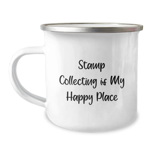 Funny Stamp Collecting Camping Mug Gifts from Friends for Stamp Collecting Lovers on Graduation Day - 'Stamp Collecting Is My Happy Place' - Image 1