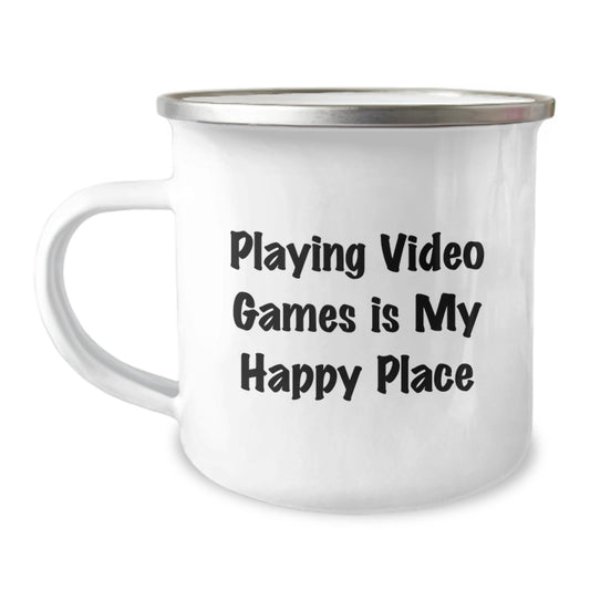 Gifts from Family for Playing Video Games Enthusiasts, Graduation Unique Gifts for Men, Funny Camping Mug, 'Playing Video Games Is My Happy Place' Quote, Stainless Steel with Enamel Finish - Image 1