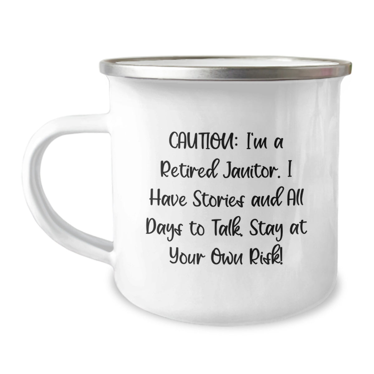 Funny Janitor Birthday Unique Gifts from Friends for Janitors - Camping Mug, Retired Janitor Stories, Stainless Steel, Enamel Finish - Image 1