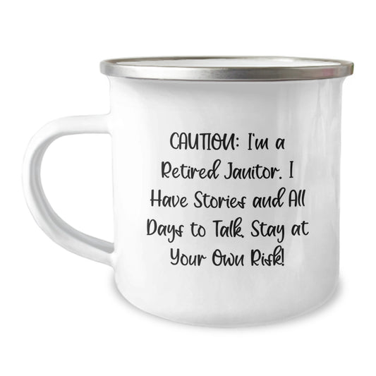 Funny Janitor Birthday Unique Gifts from Friends for Janitors - Camping Mug, Retired Janitor Stories, Stainless Steel, Enamel Finish - Image 1