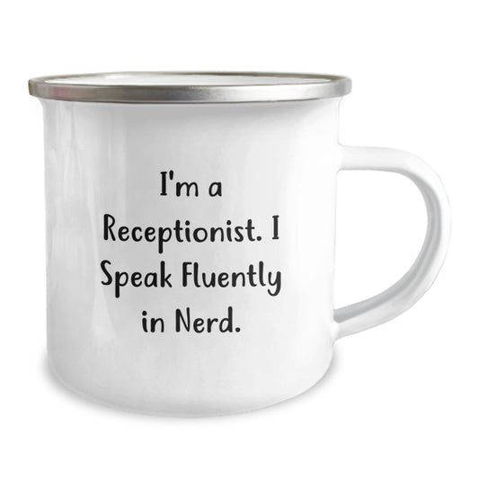 Funny Receptionist Gifts for Women from Friends, Cute Camping Mug with 'I'm A Receptionist. I Speak Fluently In genius.' Quote for Graduation Unique Gifts - Image 2