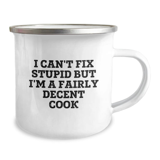 Funny Cook Gifts for Graduation - 'I Can't Fix Stupid But I'm A Fairly Decent Cook' Enamel Camping Mug, Gifts from Family to Men, Women, Friends, Coworkers - Image 2