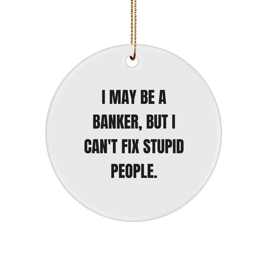 Funny Banker Gifts from Friends for Christmas Unique Circle Ornament I May Be A 'Banker' But I Can't Fix Stupid People - White - Image 1