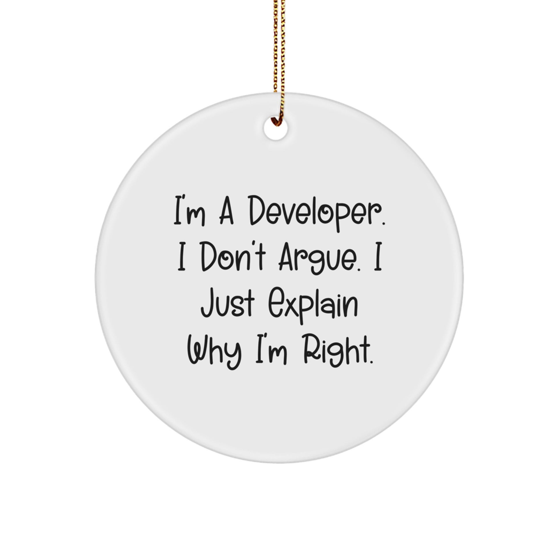 Funny Developer Gifts for Men, 'I'm A Developer. I Don't Argue. I Just Explain Why I'm Right.' Circle Ornament, Christmas Unique Gifts from Friends - Image 1