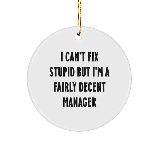 Funny Manager Gifts for Men Manager Friends Coworkers - 'I Can't Fix Stupid' Christmas Unique Circle Ornament - Image 1