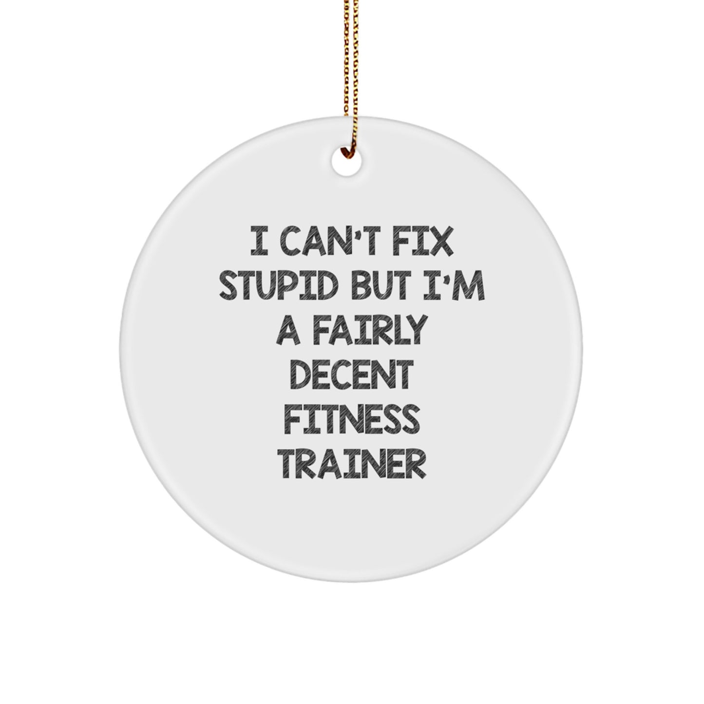 Funny Fitness Trainer Gifts from Friends to Friends with Inspirational Quote I Can't Fix Stupid But I'm A Fairly Decent Fitness Trainer, Christmas Unique Circle Ornament, White Circle Shaped - Image 1