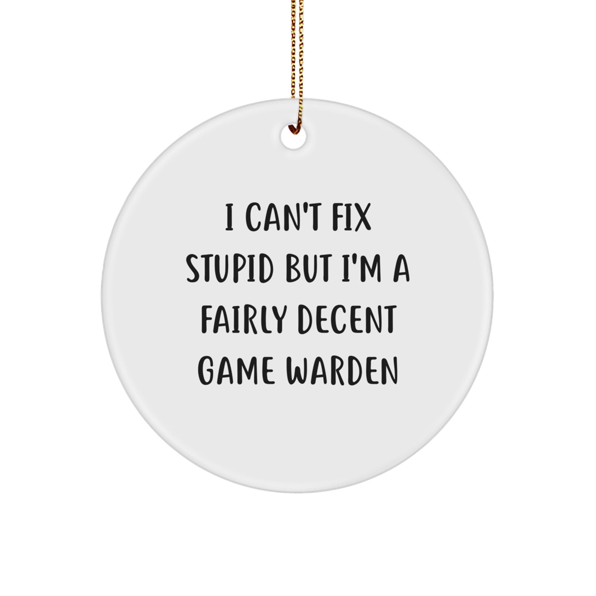 Funny Game Warden Gifts from Men for Christmas Unique Ornaments, 'I Can't Fix Stupid', Circle Ornament, White, MDF, Sublimation Print - Image 1