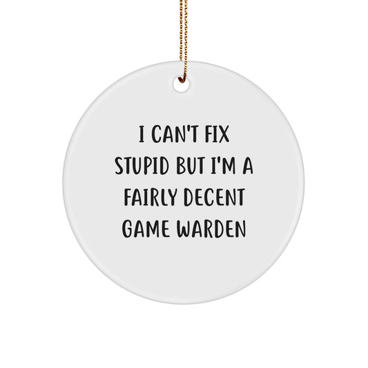 Funny Game Warden Gifts from Men for Christmas Unique Ornaments, 'I Can't Fix Stupid', Circle Ornament, White, MDF, Sublimation Print - Image 1