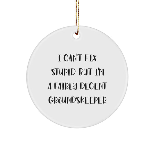 Funny groundskeeper Gifts for Men, Women Friends Family - 'I Can't Fix Stupid' Circle Ornament, White, Circle Shaped, Christmas Unique Decorations - Image 1