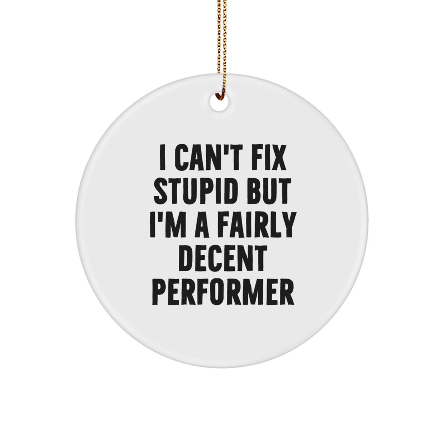 Funny Performer Gifts from Friends for Men, Women, or Family - Circle Ornament with I Can't Fix Stupid But I'm A Fairly Decent Performer Quote, Perfect for Christmas Unique Gifts - Image 1