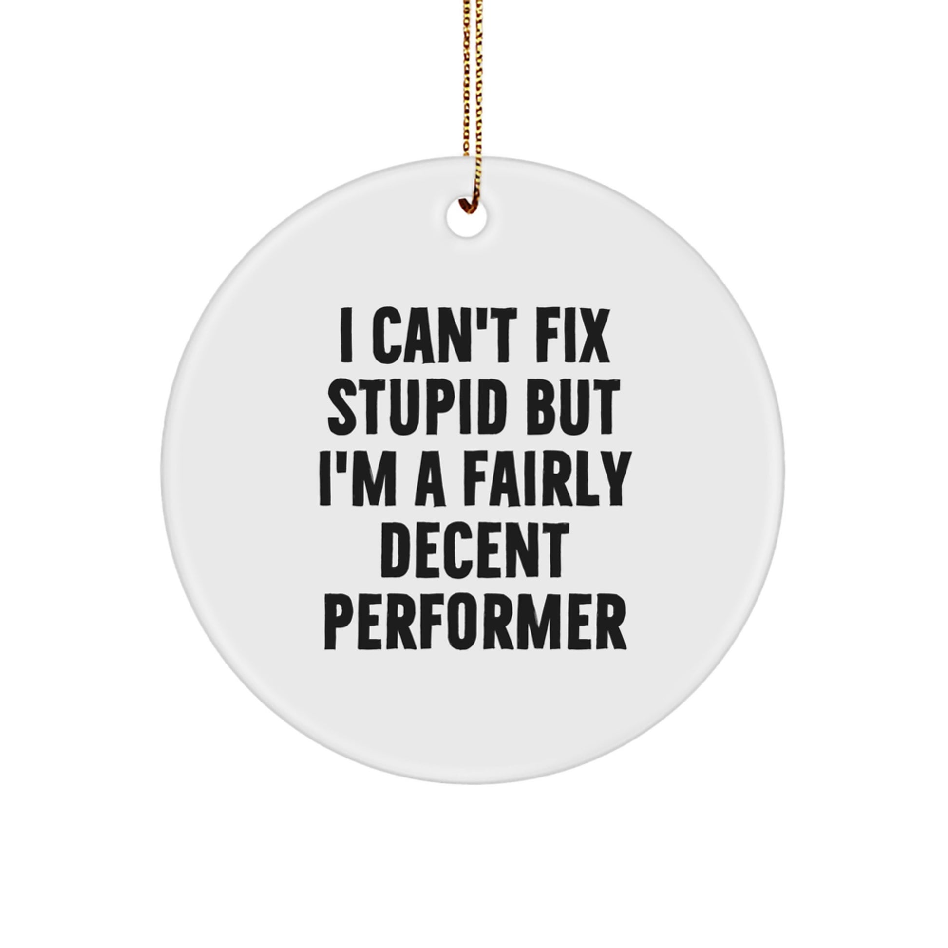 Funny Performer Gifts from Friends for Men, Women, or Family - Circle Ornament with I Can't Fix Stupid But I'm A Fairly Decent Performer Quote, Perfect for Christmas Unique Gifts - Image 1