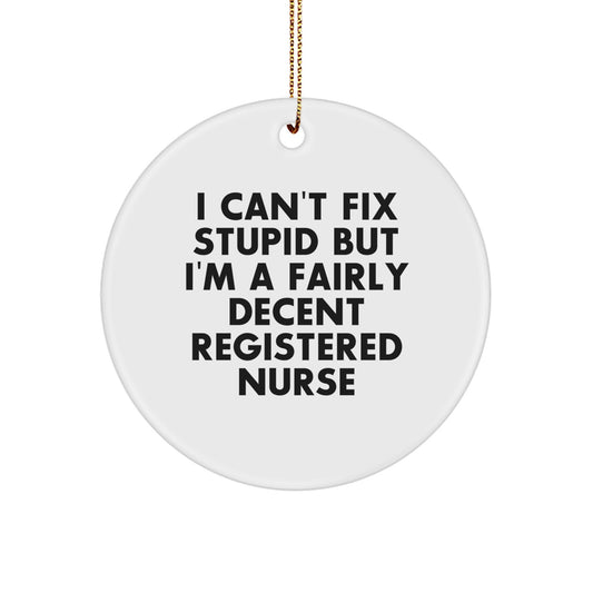 Funny Registered Nurse Gifts from Friends - I Can't Fix Stupid But I'm A Fairly Decent Registered Nurse Christmas Ornament for Coworkers - Image 1