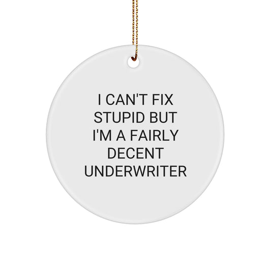 Funny Underwriter Gifts - 'I Can't Fix Stupid But I'm A Fairly Decent Underwriter' Circle Ornament for Christmas - Image 1