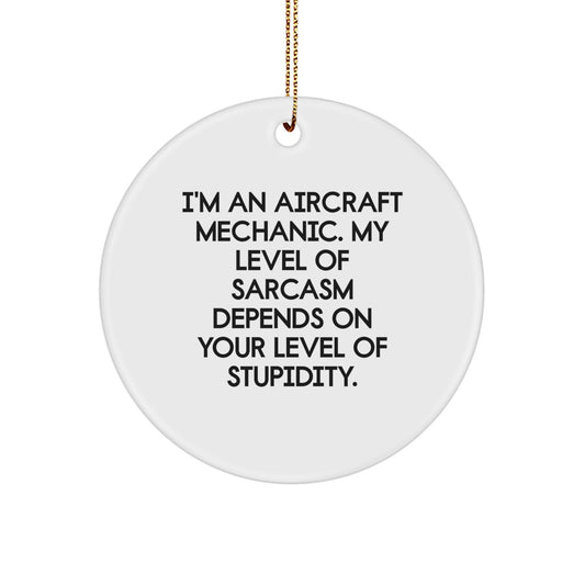 Aircraft Mechanic Gifts, Funny Circle Ornament, Gifts from Men, Gifts for Friends - 'I'm An Aircraft Mechanic. My Level Of Sarcasm Depends On Your Level Of Stupidity.' Christmas Unique Gifts - Image 1
