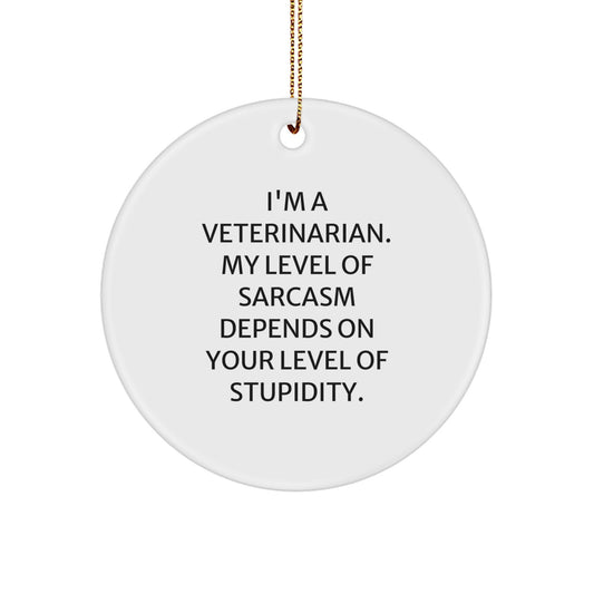 Funny Veterinarian Gifts, Christmas Unique Circle Ornament, 'I'm A Veterinarian. My Level Of Sarcasm Depends On Your Level Of Stupidity.' - Image 1
