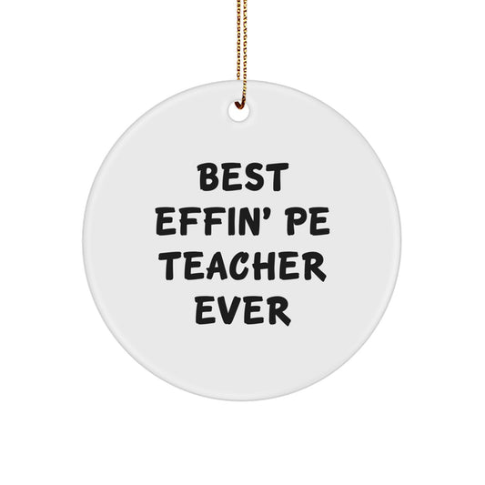 Funny PE Teacher Gifts from Friends for Holiday Christmas Decorations with Best Effin' Pe Teacher Ever Quote Circle Ornament - Image 1