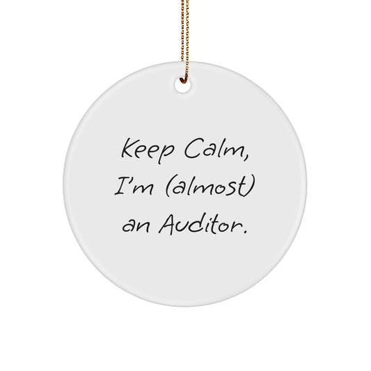 Funny Auditor Gifts from Men to Women Coworkers with 'Keep Calm, I'm (almost) An Auditor.' Christmas Unique Circle Ornament - Image 1
