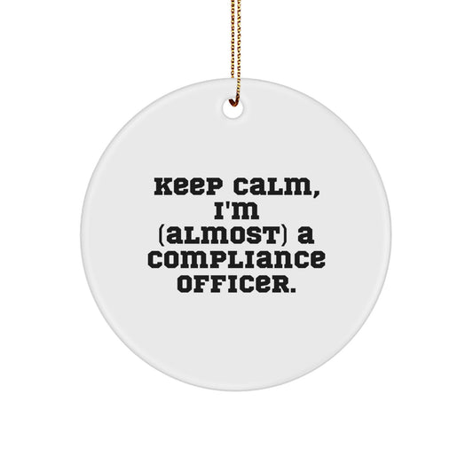 Funny Compliance Officer Gifts from Friends - Keep Calm I'm Almost a Compliance Officer Circle Ornament for Christmas Unique Gifts - Image 1