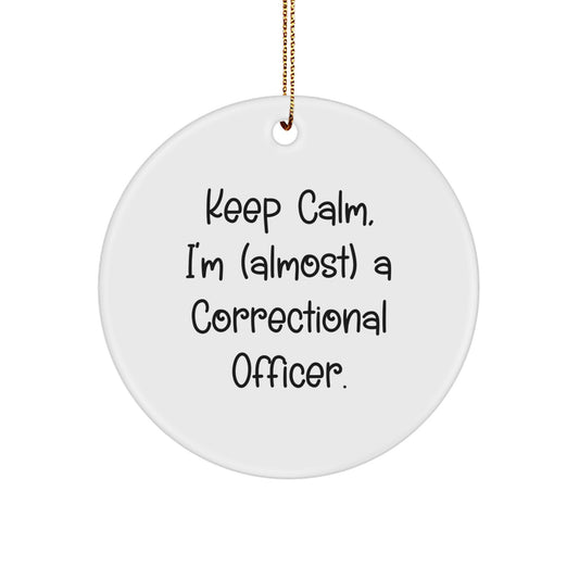 Funny Correctional Officer Christmas Unique Gifts, 'Keep Calm, I'm (almost) A Correctional Officer' Circle Ornament for Correctional Officer, Gifts from Family to Correctional Officer - Image 1