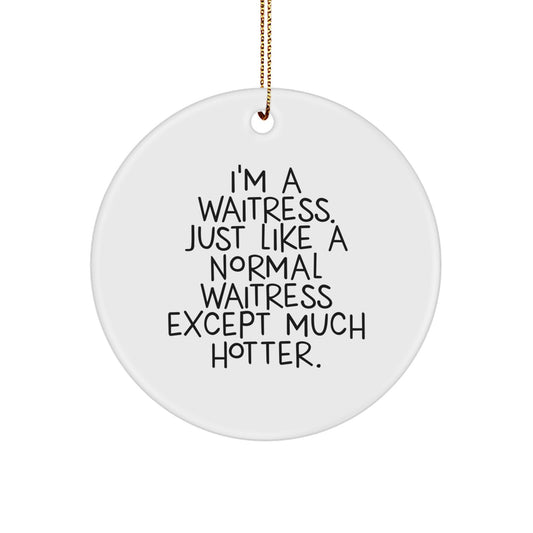 Funny Waitress Gifts from Friends for Christmas Unique Circle Ornament, 'I'm A Waitress. Just Like A Normal Waitress Except Much Hotter.' - Image 1