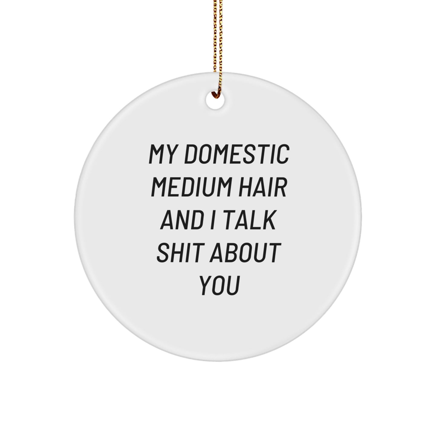 Domestic Medium Hair Funny Circle Ornament Gift for Friends, 'My Domestic Medium Hair And I Talk Shit About You', White Circle Shaped, Christmas Unique Decorations - Image 1