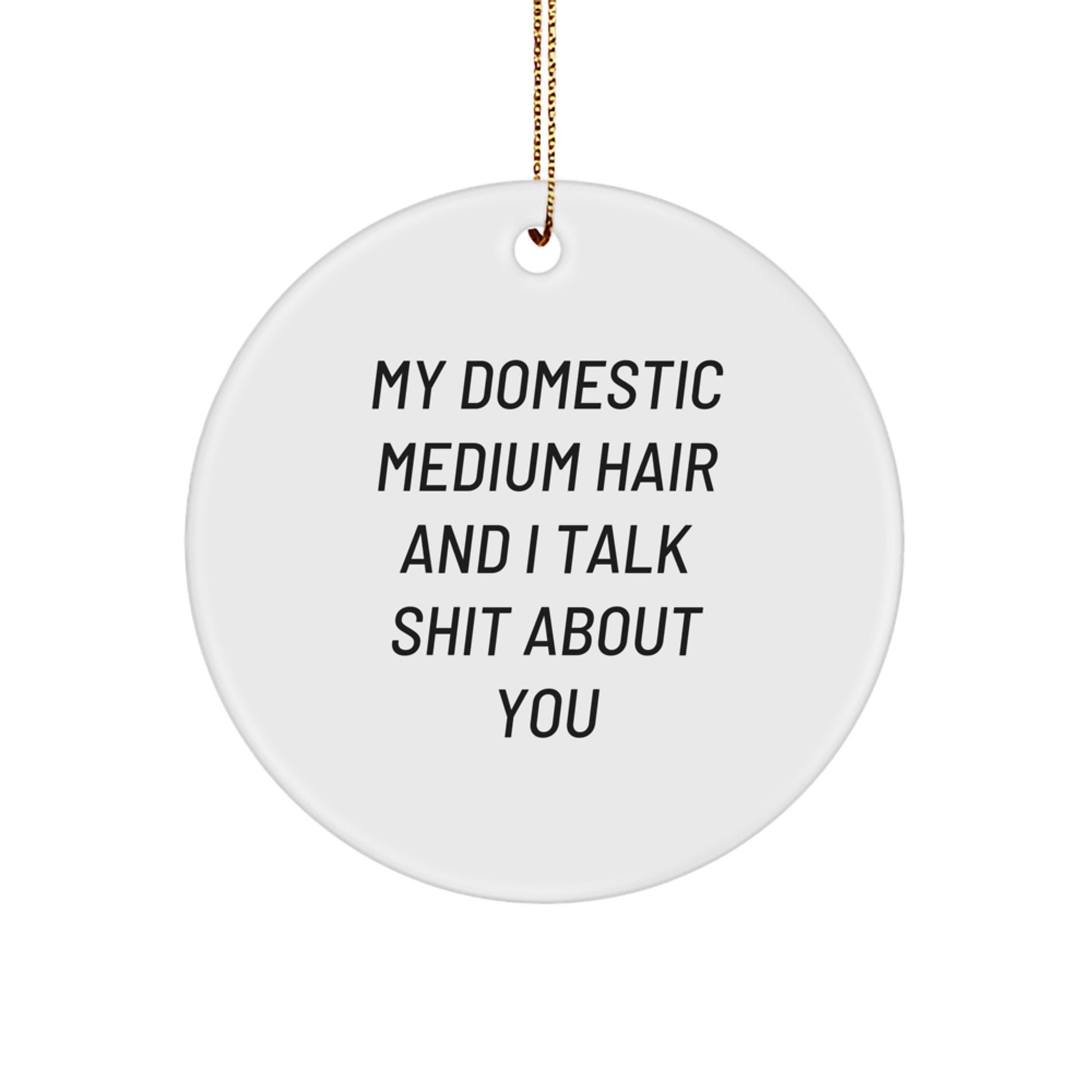 Domestic Medium Hair Funny Circle Ornament Gift for Friends, 'My Domestic Medium Hair And I Talk Shit About You', White Circle Shaped, Christmas Unique Decorations - Image 1