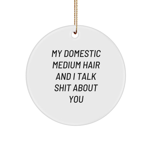 Domestic Medium Hair Funny Circle Ornament Gift for Friends, 'My Domestic Medium Hair And I Talk Shit About You', White Circle Shaped, Christmas Unique Decorations - Image 1