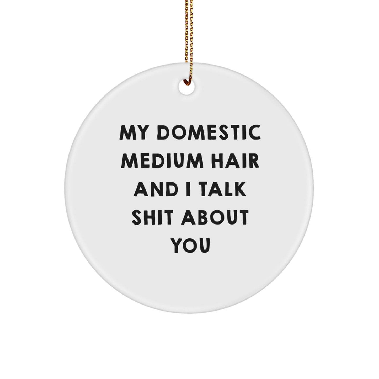 Funny Domestic Medium Hair Gifts from Friends for Christmas Circle Ornament with 'My Domestic Medium Hair And I Talk Shit About You' Quote, White, Circle Shaped - Image 1