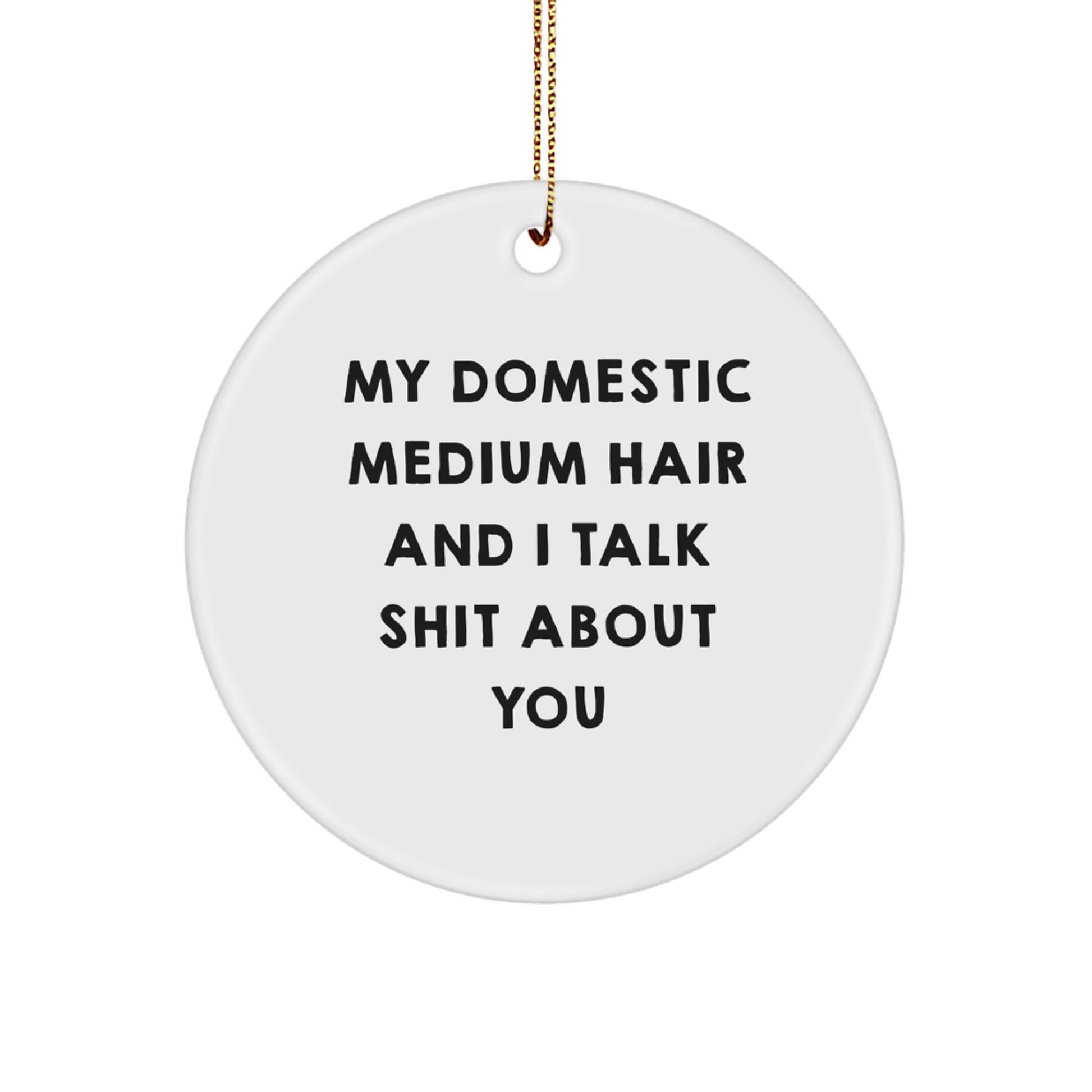 Funny Domestic Medium Hair Gifts from Friends for Christmas Circle Ornament with 'My Domestic Medium Hair And I Talk Shit About You' Quote, White, Circle Shaped - Image 1