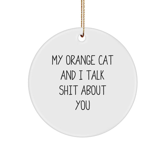 Funny Orange Cat Circle Ornament, Gifts from Friends to Family for Christmas Unique Presents, 'My Orange Cat And I Talk Shit About You' Quote - Image 1