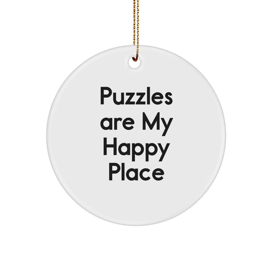 Funny Puzzles Gifts for Men, Circle Ornament, White, 'Puzzles Are My Happy Place' - Image 1
