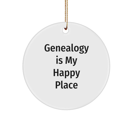 Genealogy Gifts from Family Members for Christmas Unique Circle Ornament with Funny 'Genealogy Is My Happy Place' Quote, Gifts for Genealogists and History Buffs - Image 1