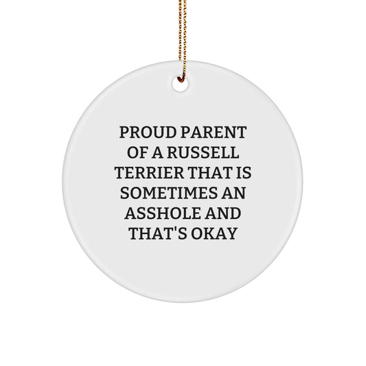 Funny Russell Terrier Dog Christmas Unique Gifts for Proud Parents, Circle Ornament with Gold Cord, Gifts from Men - Image 1