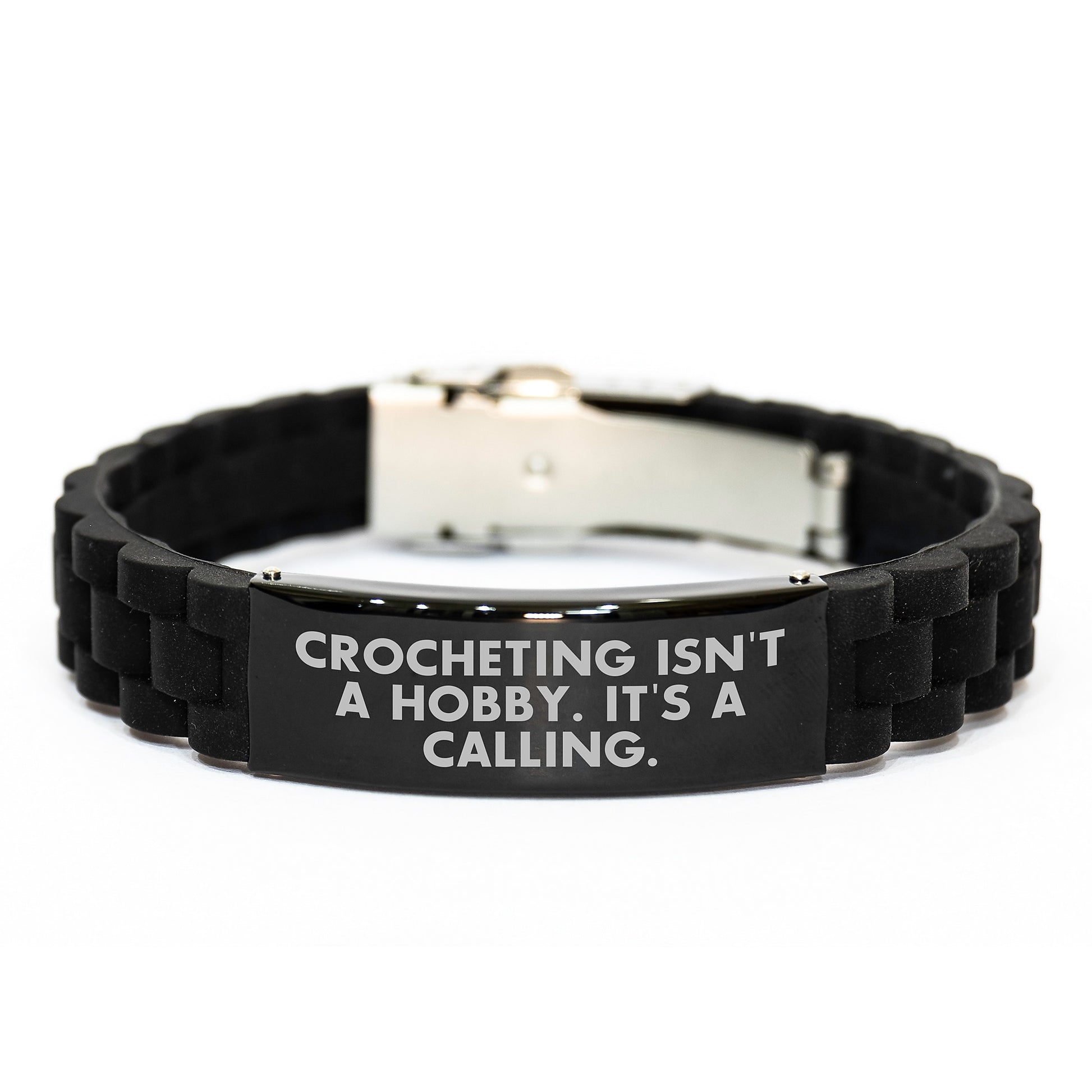 Graduation Unique Gifts for Crocheting Enthusiasts - 'Crocheting Isn't A Hobby. It's A Calling.' Silver Glide lock Clasp Bracelet for Women, Men, or Friends - Image 1
