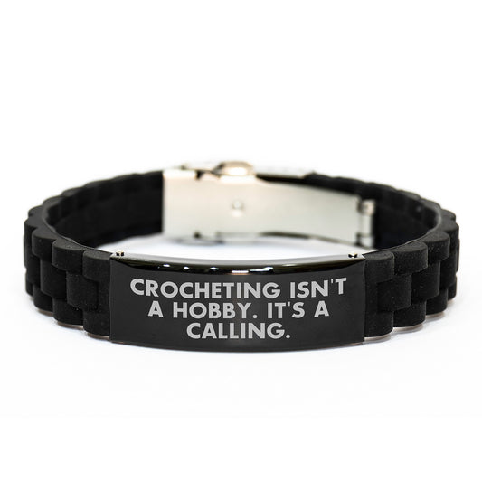 Graduation Unique Gifts for Crocheting Enthusiasts - 'Crocheting Isn't A Hobby. It's A Calling.' Silver Glide lock Clasp Bracelet for Women, Men, or Friends - Image 1